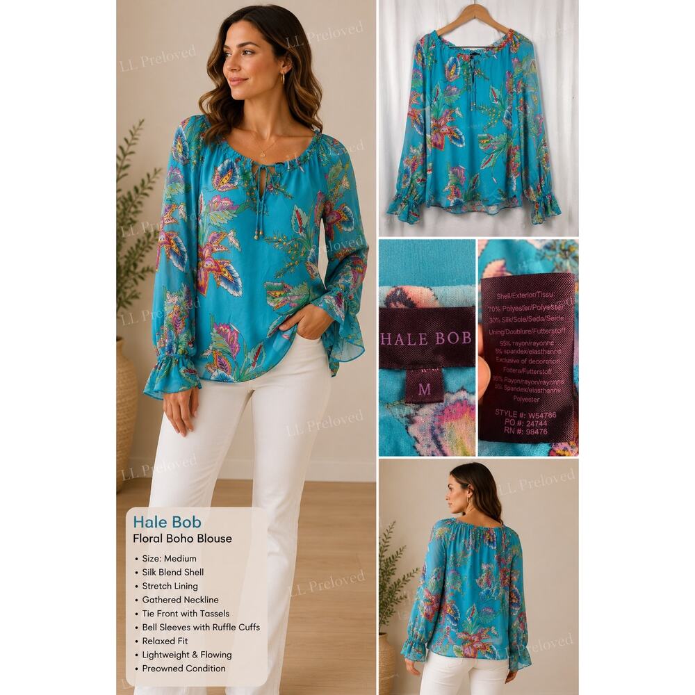 Hale Bob Floral Boho‎ Peasant Blouse Women’s Med Blue Multi Silk Blend Tunic Top